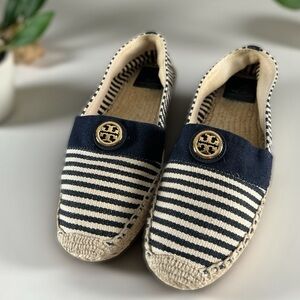Tory Burch Navy Stripe Espadrille Flats Gold Accent Logo | Marked 11 Fits 10